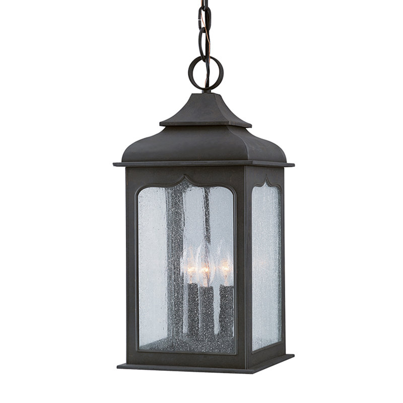 Lanterne suspendue d'extérieur 3 lumières Henry Street Colonial Iron, H 19 po x l 9 po, Verre transparent