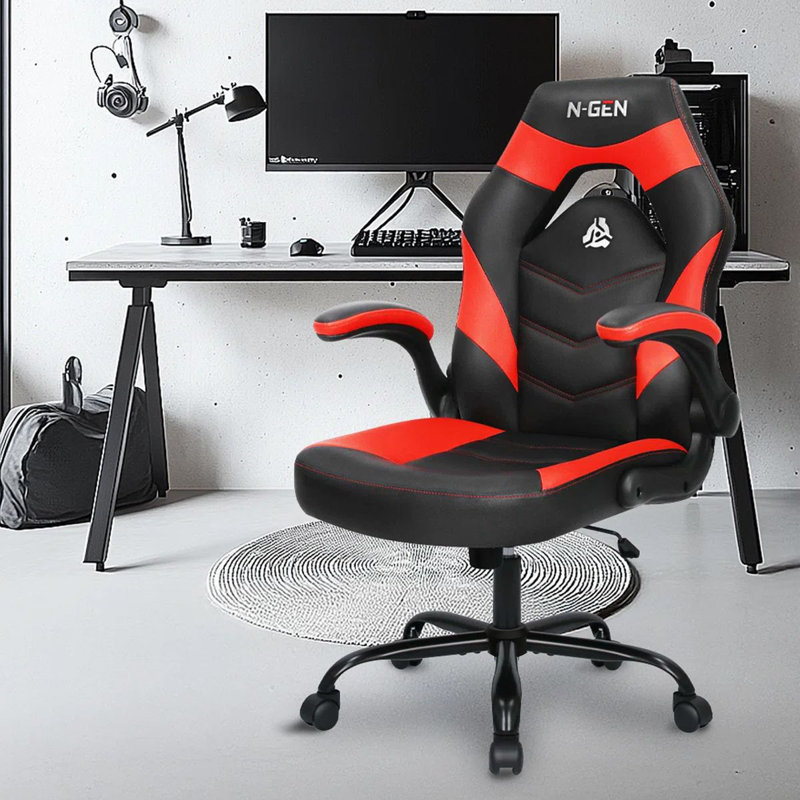 N-GEN Adjustable Ergonomic Faux Leather Swiveling PC & Racing Game Office Desk Chair with Flip-Up Arms, Red