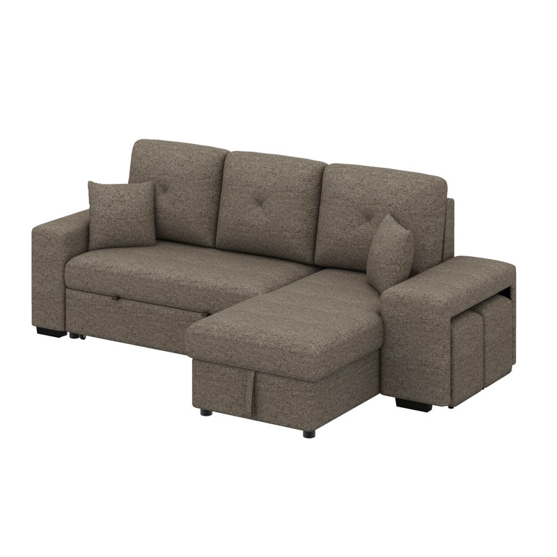 Reversible Sleeper Sectional Sofa Bed With Side Shelf And 2 Stools,Pull-Out L-Shaped Sofa Bed, Knox Charcoal