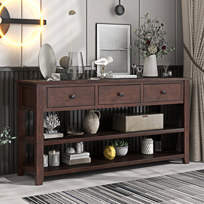 Console avec 2 tablettes ouvertes et 3 tiroirs