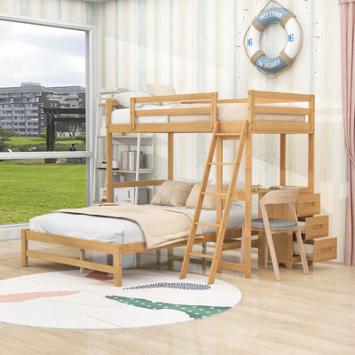 Lit simple superposé au dessus d'un lit double avec bureau intégré et tiroirs de rangement