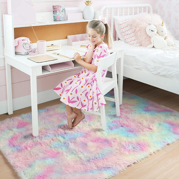 Fluffy Kids Rug for Girls Bedroom Carpets, Colorful Tie Dye Fuzzy