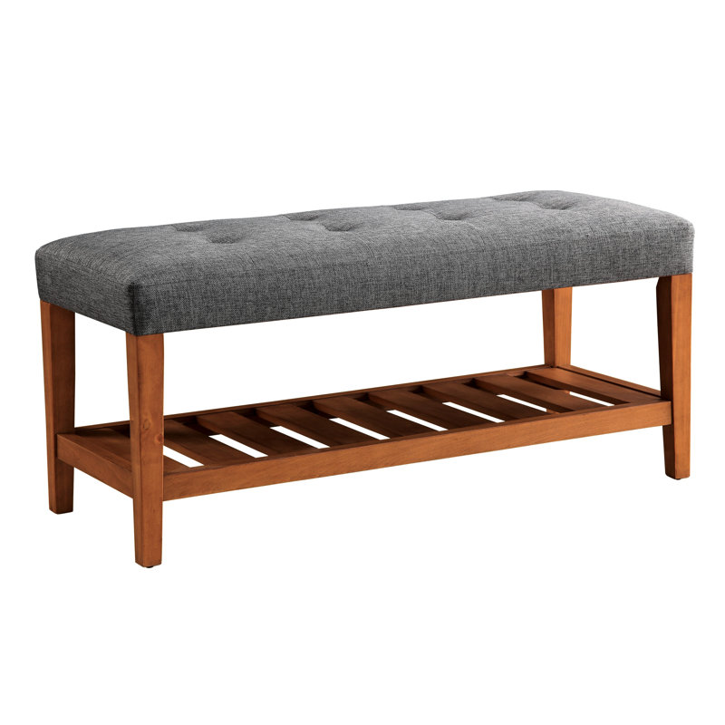 Gray Fabric Bench With Oak Legs - 18" Seat Height 40"X16" Soft Upholstery Stylish Entryway Finish Lounge Padded Seating, Gray