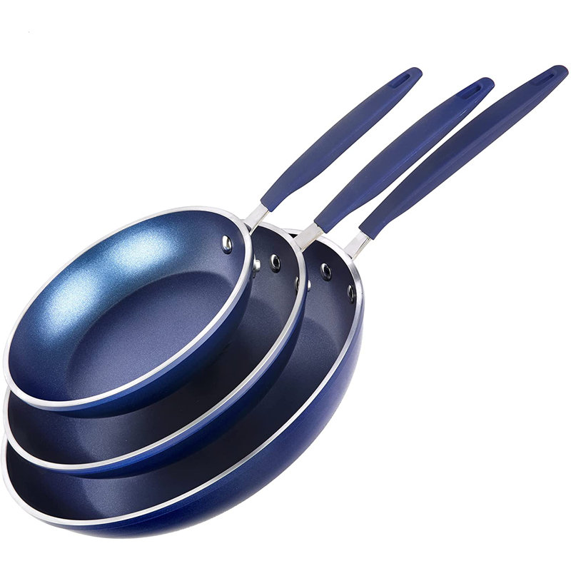 Ensemble de poêles à frire Granitestone Blue, 3 poêles à frire antiadhésives, poêles à frire antiadhésives minérales et losanges de 8 po, 10 po et 12 po, poêle à omelette, batterie de cuisine, sans PFOA, va au lave-vaisselle, poignée froide au