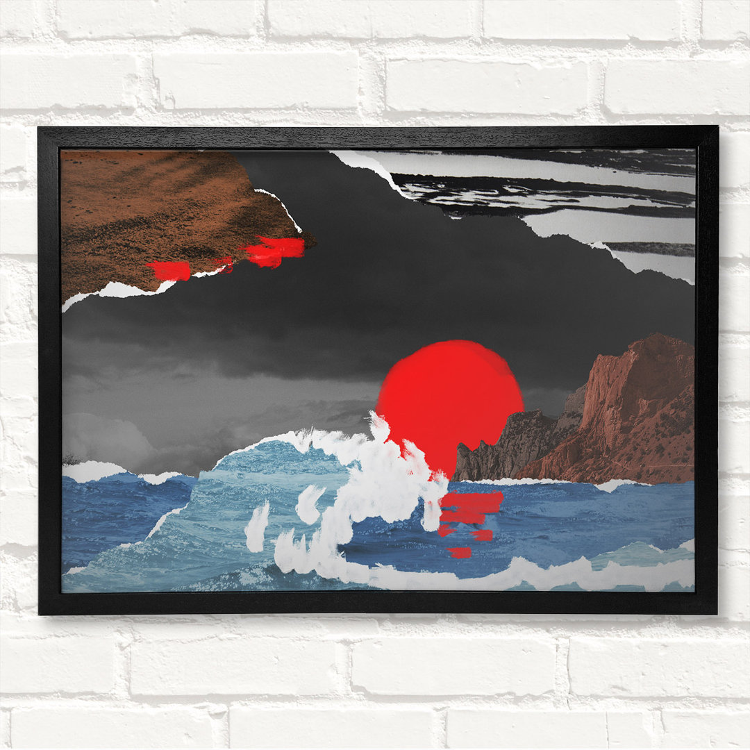 Cut Out Mountain Ocean Red Sun - Closed Corner Frame Kunstdrucke auf Holz