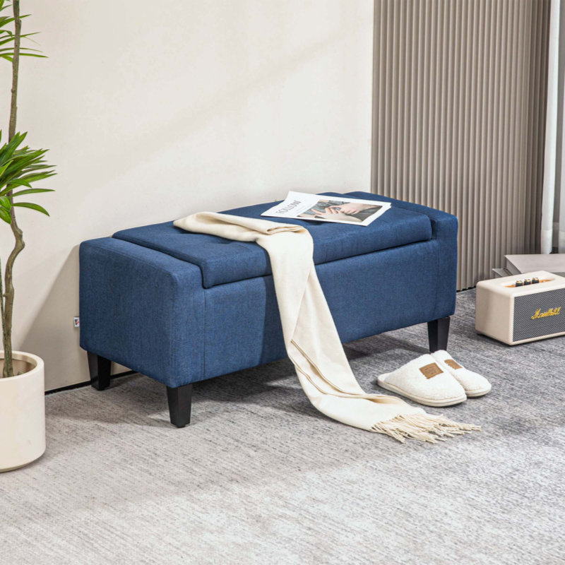 Storage Ottoman, Linen Upholstered Storage Bench With Lift Top And Button Tufted For Living Room, Dark, Blue