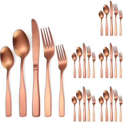 Ensemble de couverts moderne en acier inoxydable mat pour 6 avec finition or rose, poignée carrée, coutellerie durable pour la maison et le restaurant