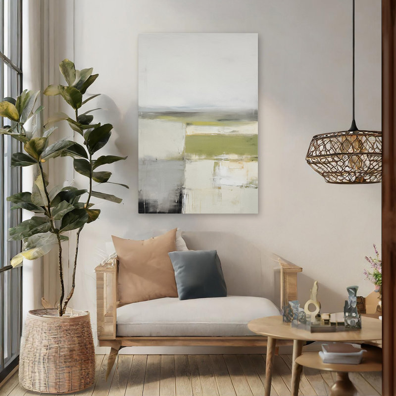 «Hazy Horizon I - Contemporary Modern Farmhouse Abstract Modern Art Mute Tones Green Grey Cream Art», H 48 po x l 32 po