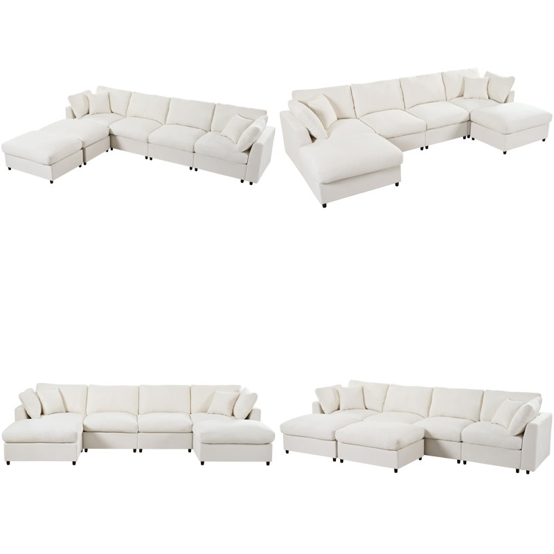 Grand canapé modulaire en forme de U de 130 po avec 2 repose-pieds mobiles, canapé modulaire en chenille 6 pièces avec structure en bois massif, sièges spacieux pour le salon