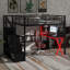 Lit mezzanine double en métal avec espace de travail intégré, garde-robe, escalier de rangement et éclairage DEL