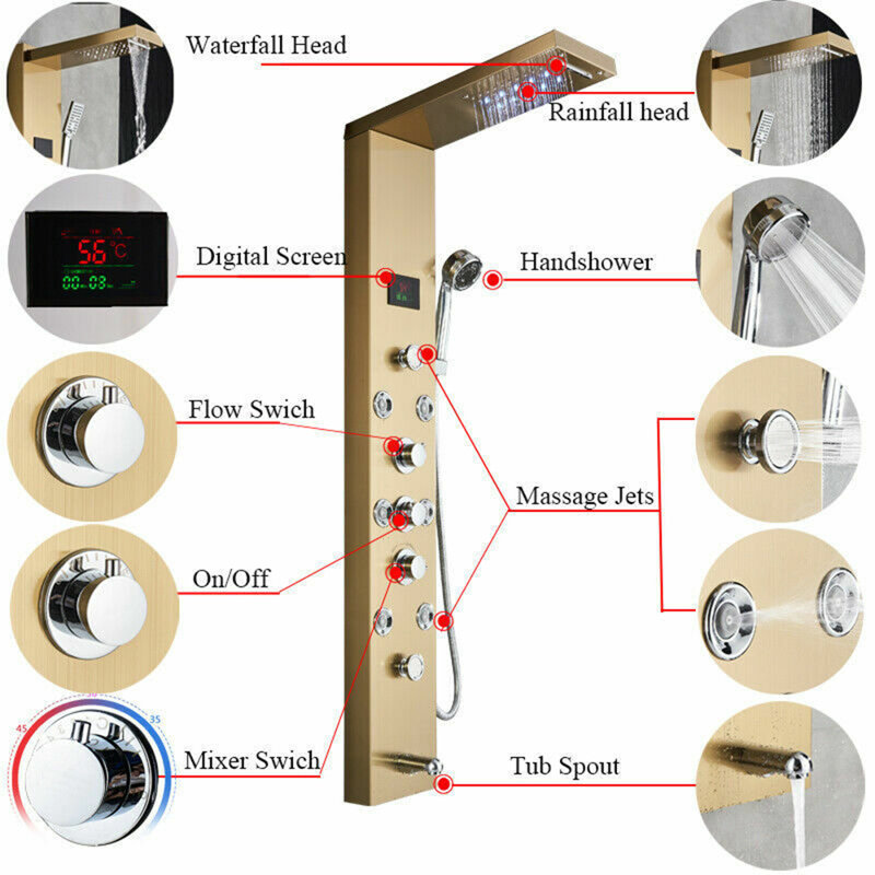 Gold LED Shower Panel Column Tower Stainless Steel Rain Body Jets Set Mixer Tap