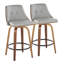 Tabouret de bar pivotant à hauteur fixe de style moderne du milieu du siècle, 66 cm (26 po), en bois de noyer et similicuir gris clair, avec repose-pieds rond en métal noir - Ensemble de 2