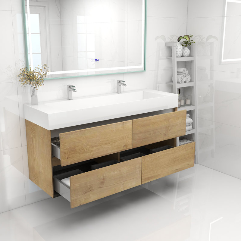 60" Wall Mounted Double Bathroom Vanity, Oak
