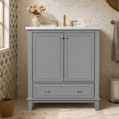 Ensemble de meuble-lavabo 30 po avec lavabo, armoire de salle de bain multifonctionnelle avec portes et tiroir, structure solide et panneau de fibres à densité moyenne