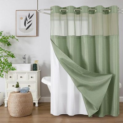 No Hook Shower Curtain with Snap-In Fabric Liner, Heavy Duty Waffle Weave Bathroom Shower Curtain, Waterproof Hotel Style Curtain Set with Mesh Top Window
