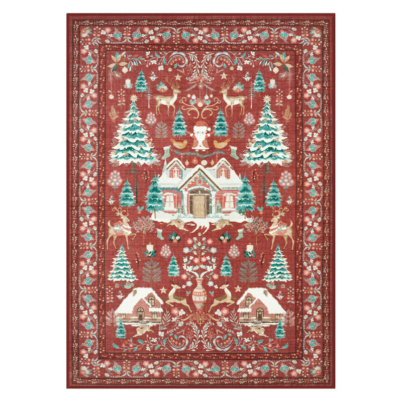 Christmas World Full-Coverage Rug Festive Non-Slip Holiday Carpet Washable Rug Xmas Decor Throw Mat, Rectangle 5' x 7'