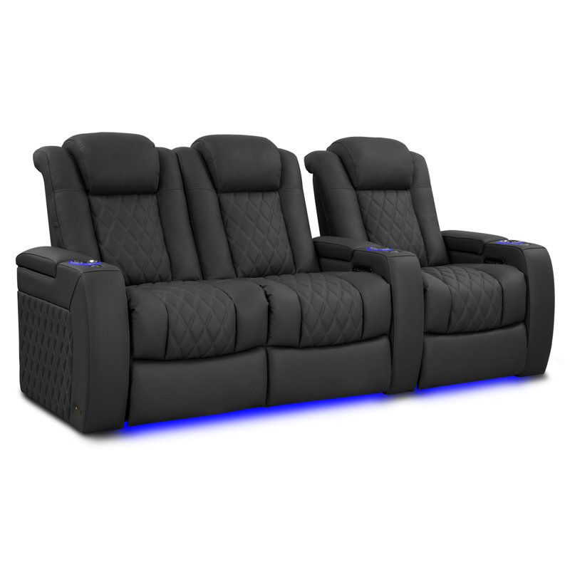 Siège de cinéma en cuir véritable de 92,25 po de largeur avec porte-gobelet, Cuir véritable graphite