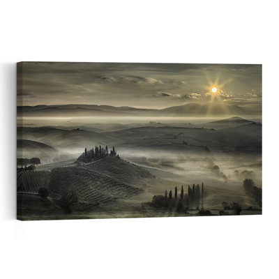 Lever du soleil sur les collines brumeuses, paysage de cyprès paisible et serein, affiche murale nature