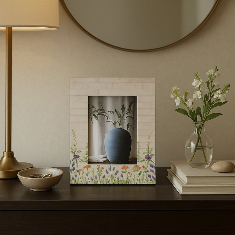 Cadre photo décoratif avec bordure florale - Cadre photo rectangulaire pour décor de bureau ou de table d'appoint - Ivoire et vert