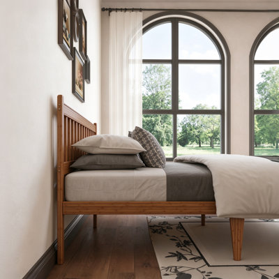 14"H Heavy-Duty Easy Assembly Solid Wood Bamboo Platform Bed Frame with Headboard Metal Slats