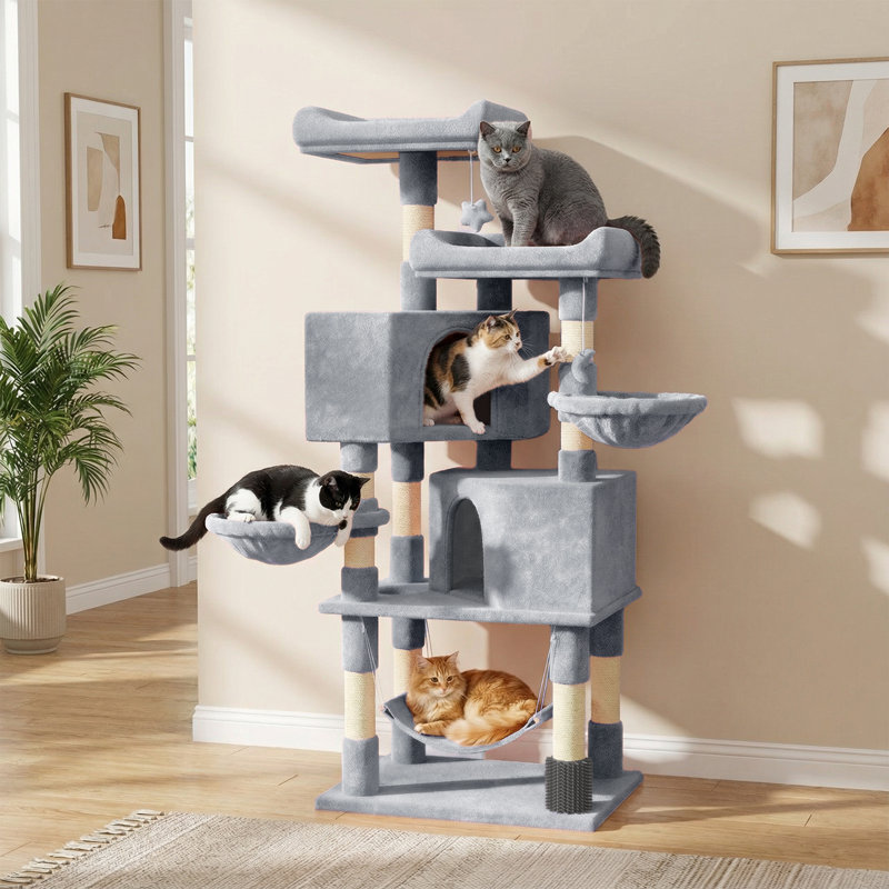 Maison pour chat avec tour à chat en sisal, hamac et auto-toilettage 58 po, Gris clair