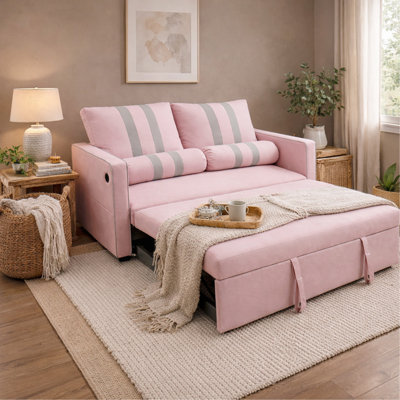 Canapé-lit coulissant rose à 2 places, canapé-lit convertible avec port de charge USB sur l'accoudoir, poche de rangement latérale élastique, dossier réglable à 3 niveaux, rembourrage en mousse haute densité, assemblage facile
