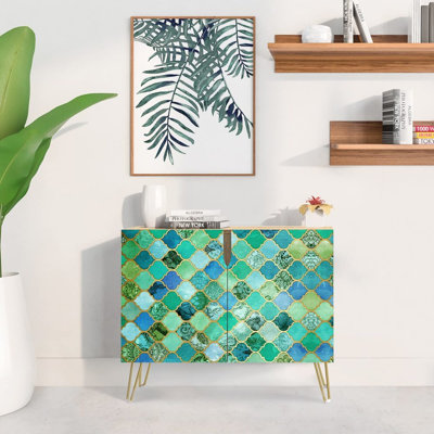 Sideboard Buffet Cabinet, Kitchen Storage Cabinet with 2 Doors, Teal Green Vibrant Tile Patterns, Cupboard Console Table for Dining Room - 35" L x 18" W x 29" H