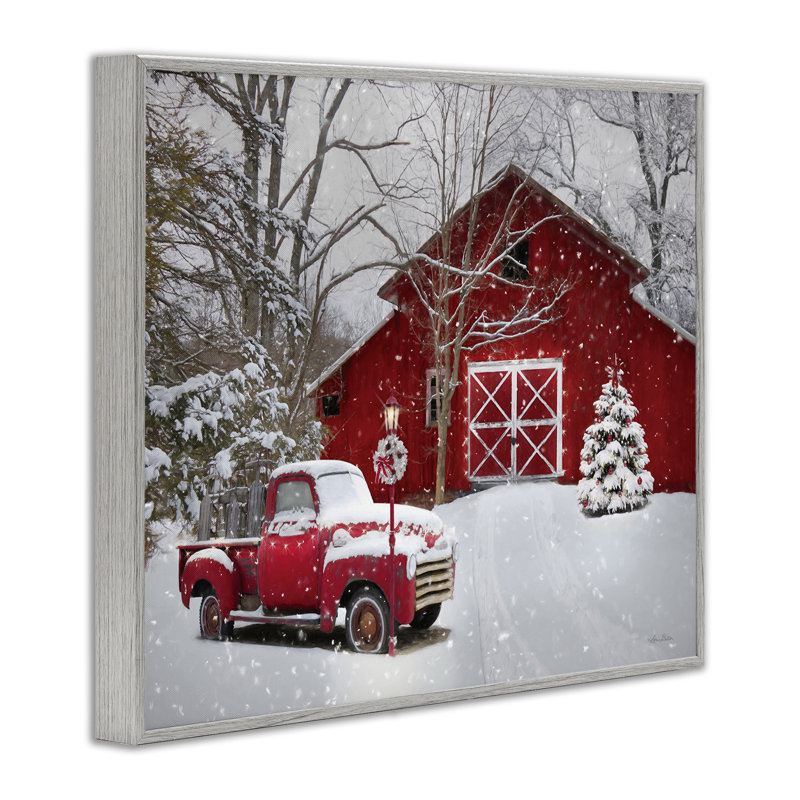 Red Barn & Truck, poudre, neige, paysage champêtre, H 11 po x l 14 po x P 1,5 po, Estampe numérique Farmhouse