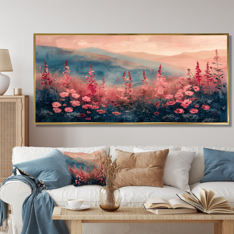 Aquinnah - Lupin, art mural, Toile avec cadre flottant or, H 28 po x l 60 po x P 1,5 po