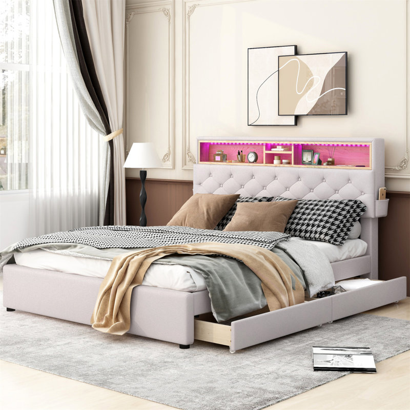 Ingry Ulani Upholstered Platform Bed with Storage Headboard, LED, USB Charging and 2 Drawers, Queen, Beige