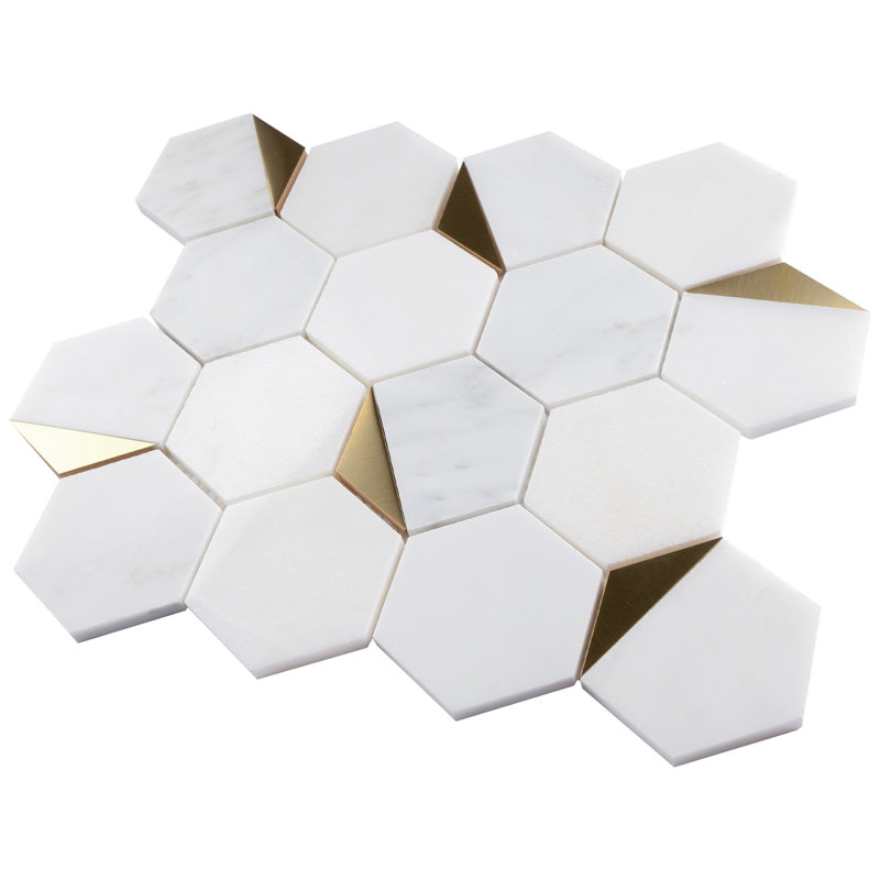 Carreau de mosaïque en nid d'abeille en marbre naturel 3 po x 3 po Natural Bianco, Blanc / or