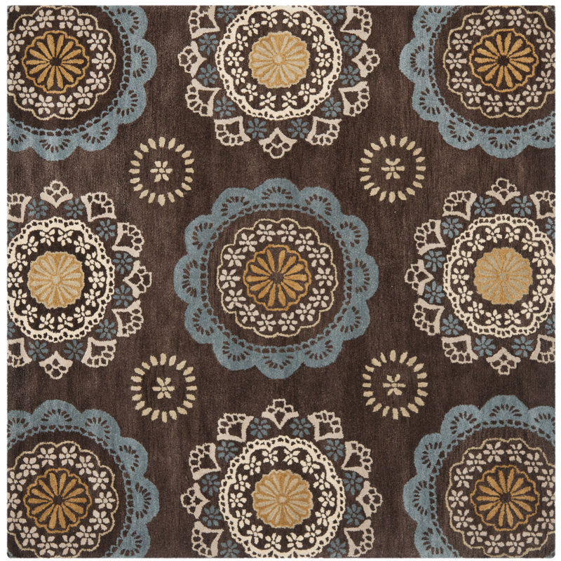 Kouerga Hand Tufted Wool/Cotton Floral Rug in Beige/Brown/Blue, Square 7'