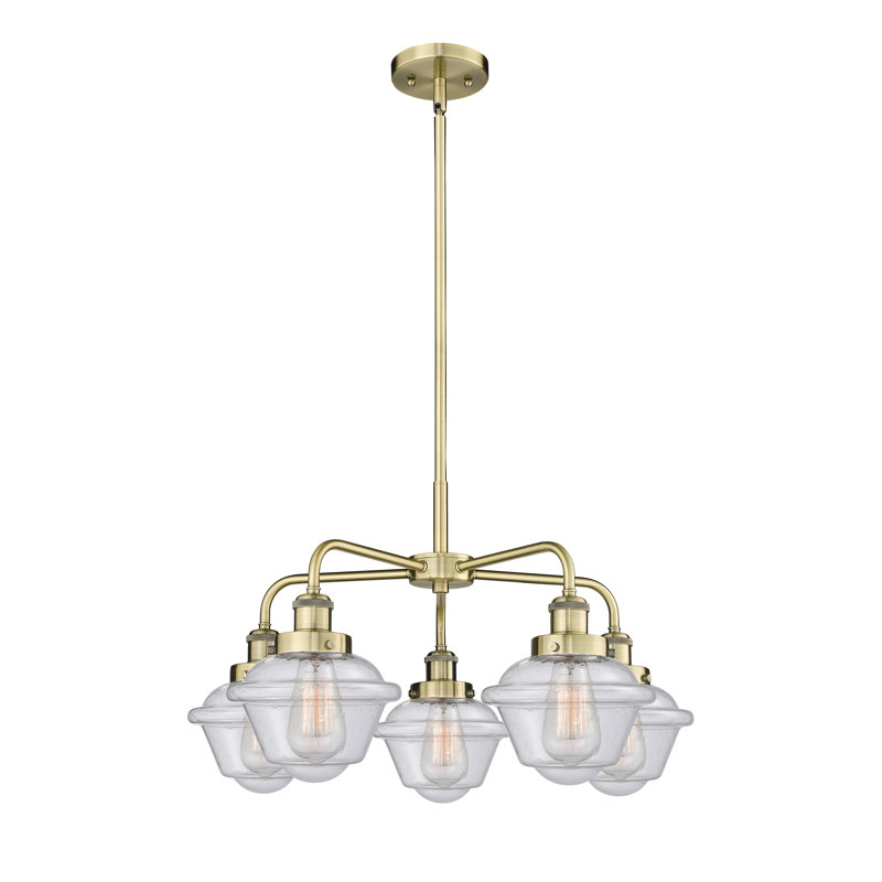 Grourke 5 - Light Glass Dimmable Chandelier, Antique Brass, Seedy