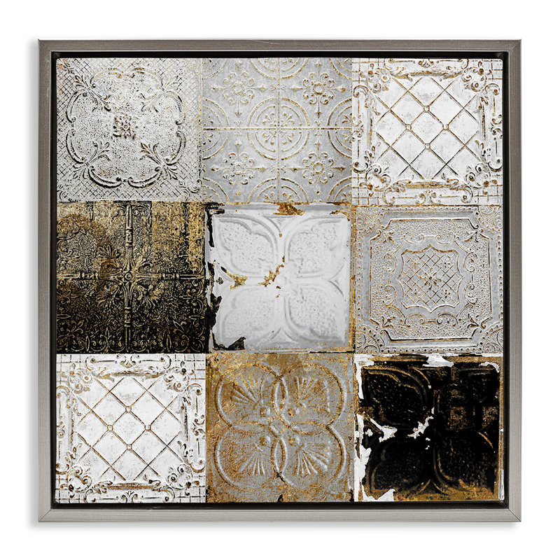 Collage de tuiles de plafond antique, Cadre flottant gris lustré, H 25 po x l 25 po
