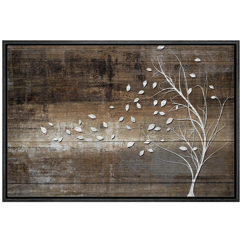 «Leaves Blown Away By Wind From Tree Wood Effect Rustic Large», reproduction d'art sur toile encadrée, Noir