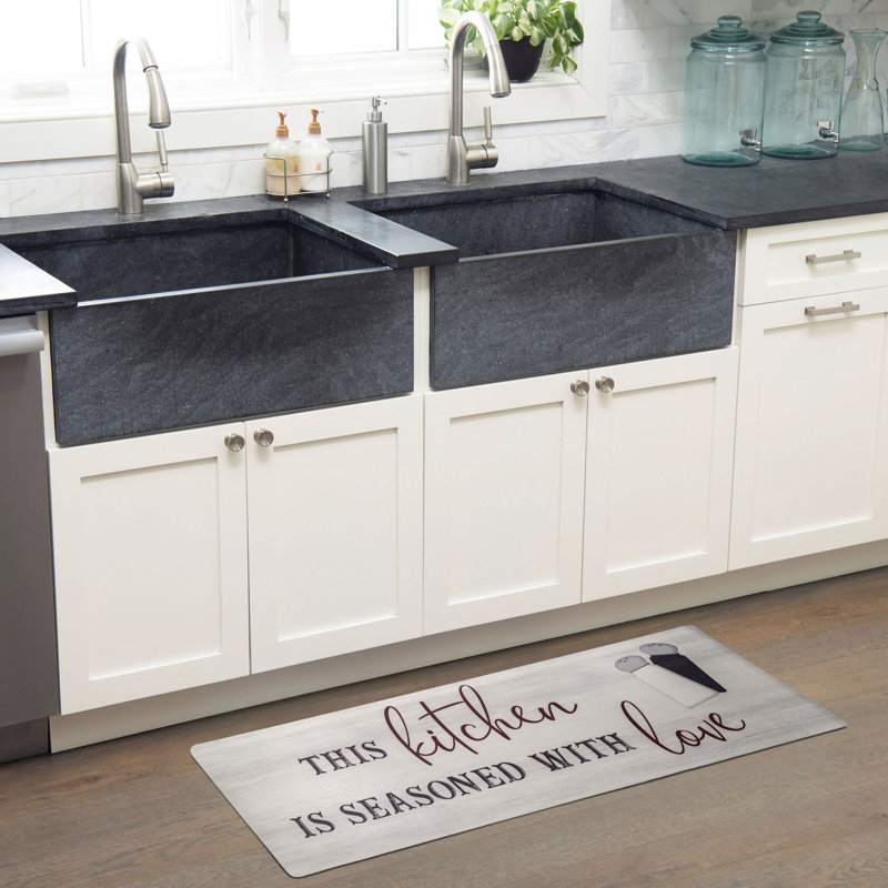 Gray and Red Anti-Fatigue Kitchen Mat with Quote