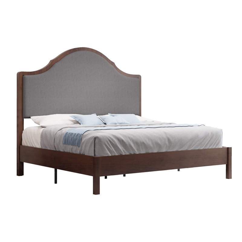 Solid Wood Bed Frame with Upholstered Headboard, Modern Design, No Box Spring Needed, Brown, Queen