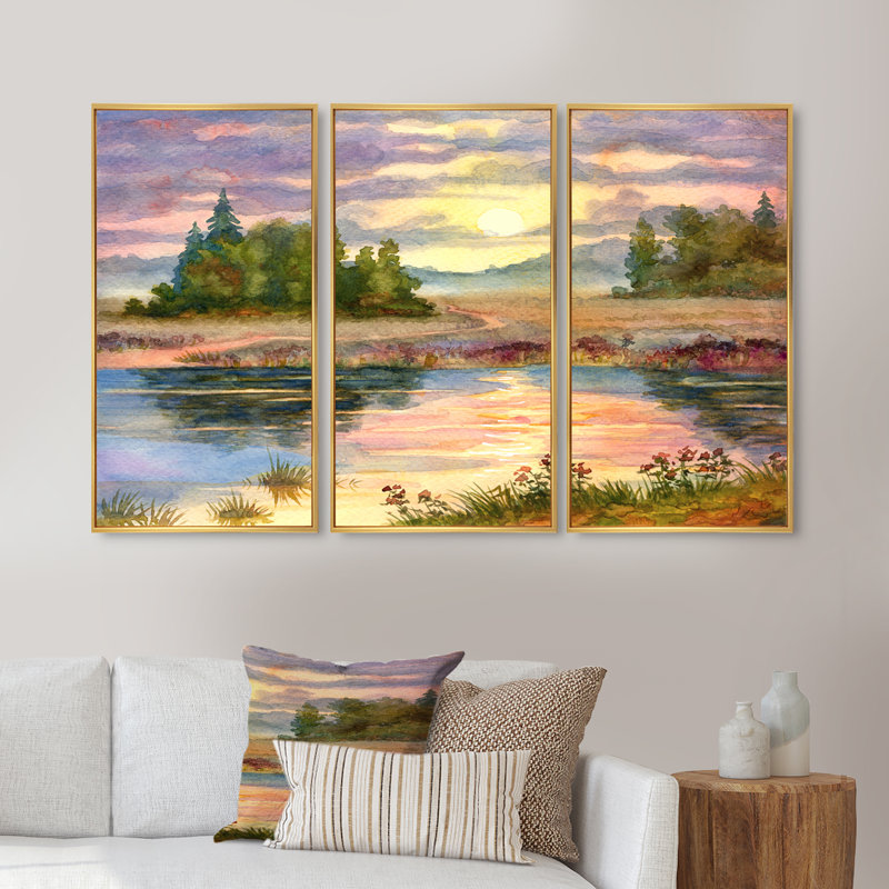 Coucher de soleil sur le lac I - ensemble d'art mural sur toile traditionnel encadré de 3, H 28 po x l 36 po, Or