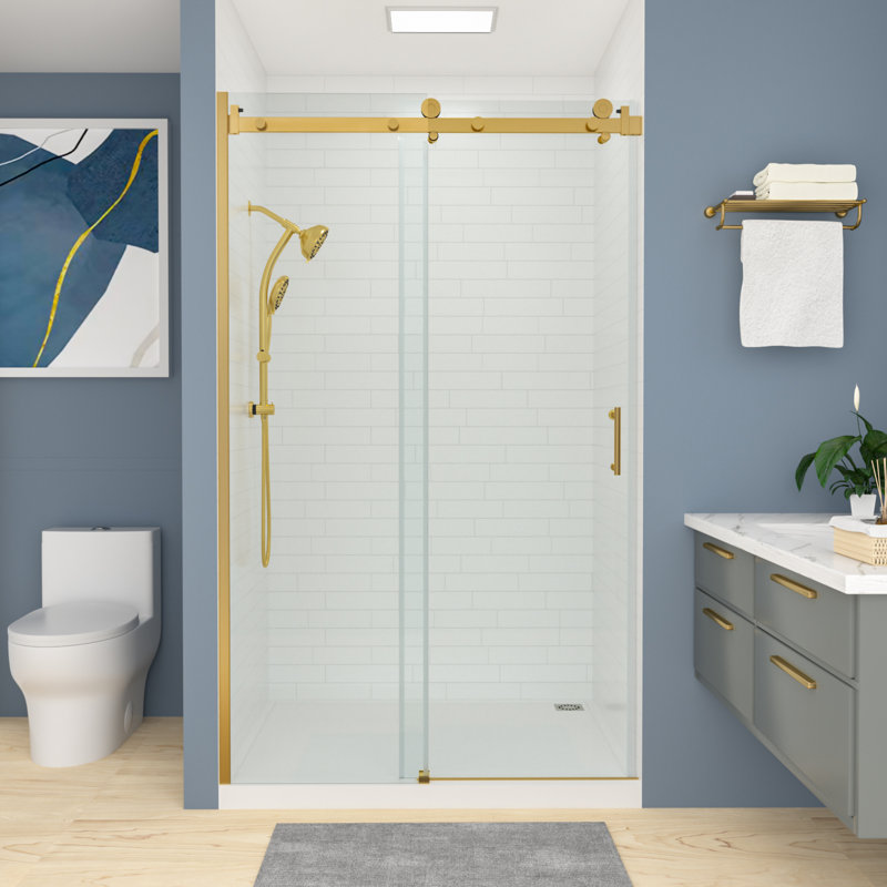 48" X 76" Semi-Frameless Single Sliding Shower Door With Clear Tempered Glass, Gold