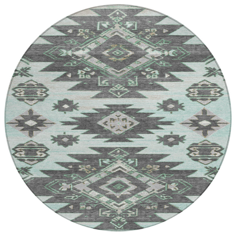 Machine Washable Indoor/Outdoor Xhevrie Mint Rug, Round 8'