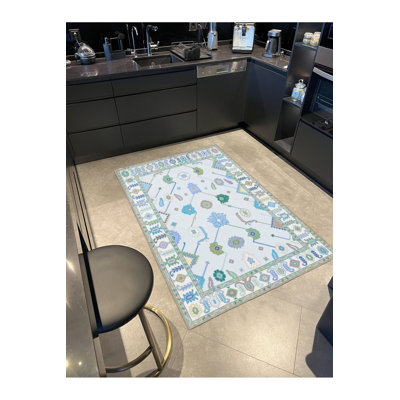 Tapis décoratif tissé à motif géométrique bleu clair lavable à la machine