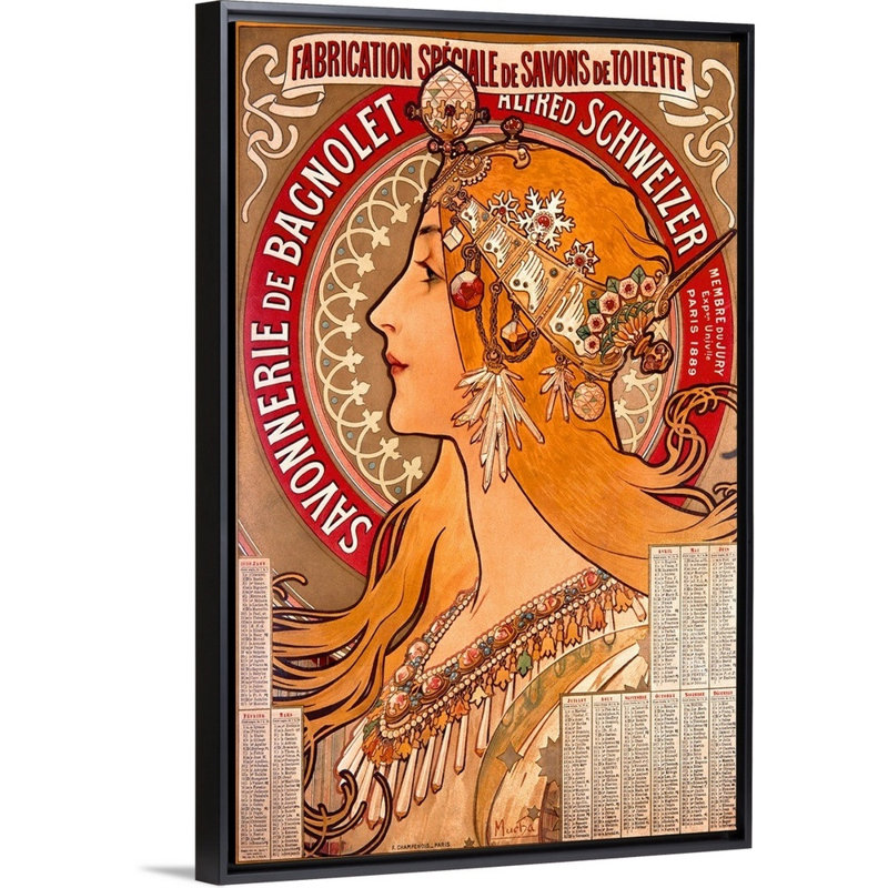«Savonnerie de Bagnolet», affiche rétro, par Alphonse Mucha, par Alphonse Mucha, reproduction sur toile flottante, Cadre noir