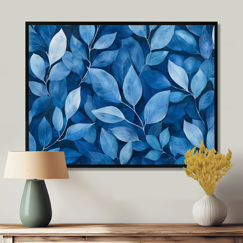 «Indigo Leaves Foliage Collage I», art mural feuilles pour le salon, H 12 po x l 20 po, Impression encadrée flottante