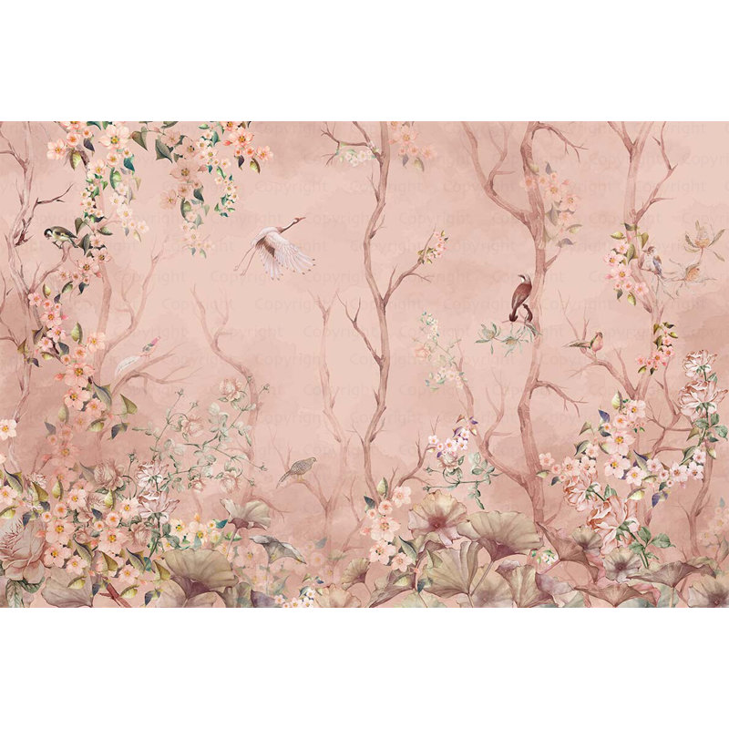 Papier peint fleurs de cerisier et oiseaux, sérénité florale pastel, L 110,04 po x l 163 po, Rose