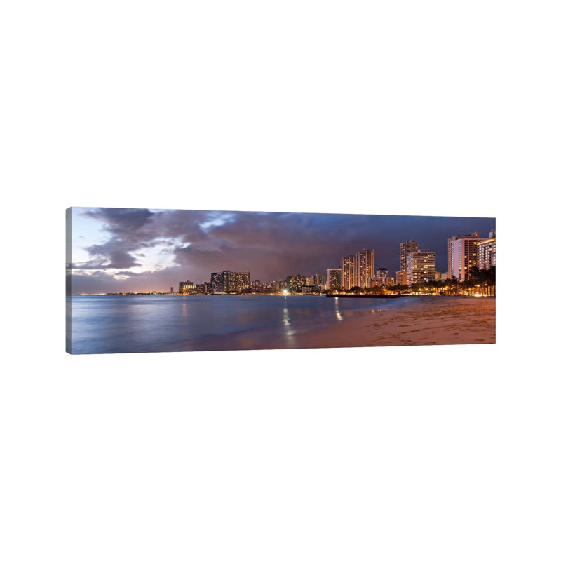 Honolulu Panoramic Skyline Cityscape (Sunset) by Unknown Artist - Wrapped Canvas Panoramic Print