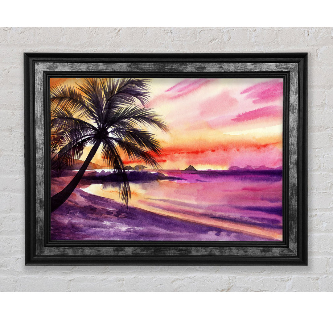 Gerahmtes Leinwandbild Watercolour Purple Palm Tree Ocean