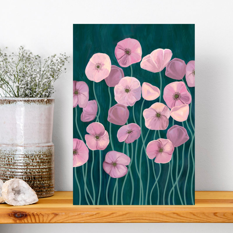 Art floral contemporain, coquelicots roses doux, H 18 po x l 12 po