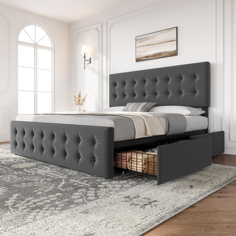 King Bed Frame With Headboard And 4 Storage Drawers, Platform Bed Frame Square Stitched Button Tufted, King, Light Grey