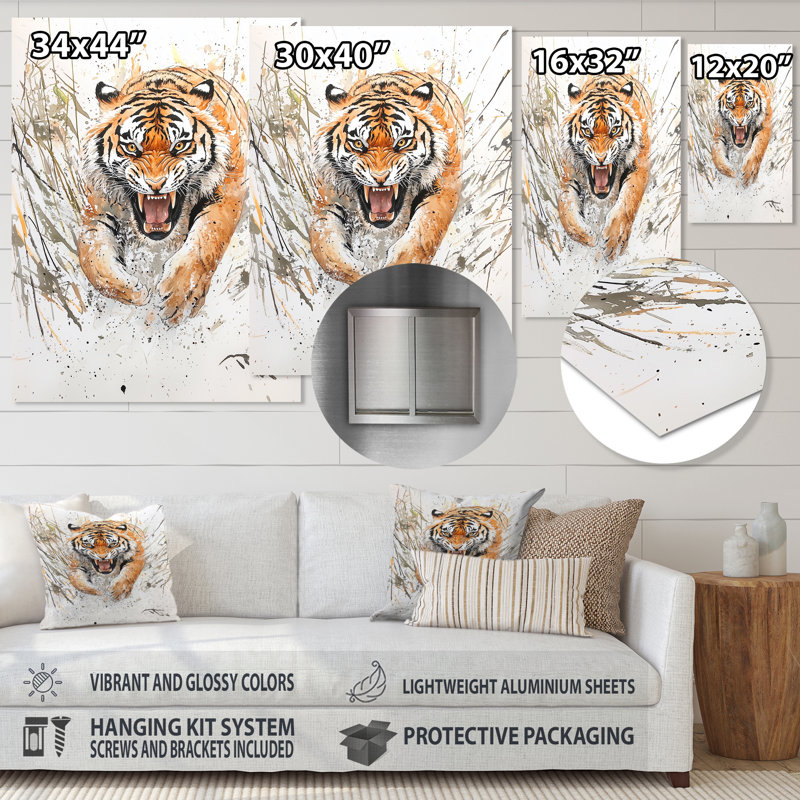Fierce Roar Of A Tiger II - animaux, impression murale en métal, H 40 po x l 30 po