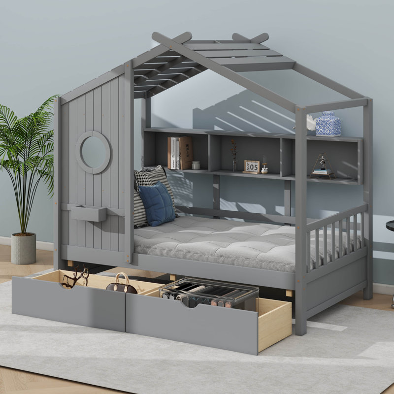 A Wooden House Bed With Two Drawers, Designed As A Kids' Bed Featuring A Storage Shelf, Gray, Twin